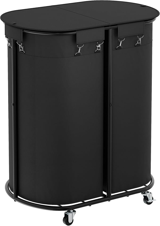 Chrislley 200L Double Laundry Hamper with Wheels and Lid, Large Oval Rolling Laundry Basket 2 section, Laundry Cart with Removable Bags and Iron Frame, Dirty Clothes Hamper for Home, Dorm, Black