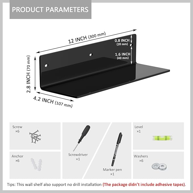 12 Inches Black Wall Shelves Set of 2, Acrylic Bathroom Shelves Wall Mounted for Home Décor, Plants, Cosmetics, Skincare, Moisture-Proof, 4'' Depth, 2 Pack