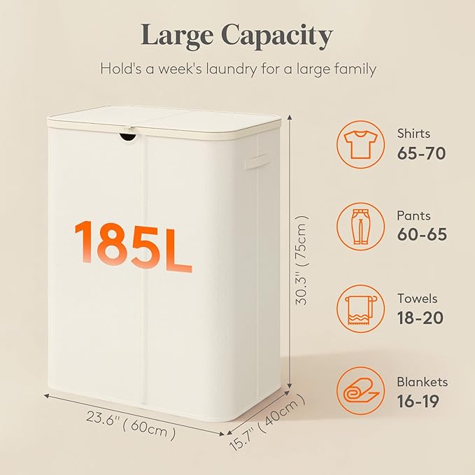 Lifewit 185L Large 3 Section Laundry Hamper with Lid, Plastic Laundry Basket with Bamboo Handles and Removable Bags, Tall Foldable Clothes Hamper for Bathroom Bedroom, White