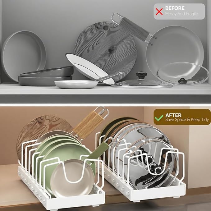Pots and Pans Organizer Under Cabinet, Pull Out Pots and Pans Organizer, Under Cabinet Pot Lid Holder, Sliding type Pots and Pans Storage for Pot Lid, Bakeware, Dishes, 10 Adjustable Dividers