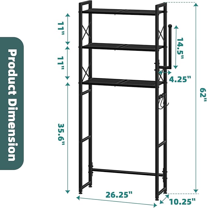 Simple Trending Over The Toilet Storage Rack with Toilet Paper Holder, Heavy Duty Metal 3 Tier Bathroom Organizer Shelf with 3 Hooks,Black