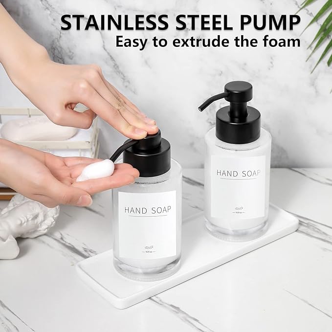 Foaming Soap Dispenser Set, 12 Oz Glass Hand Soap Dispenser with 304 Rust Proof Stainless Steel Pump, Waterproof Labels, for Bathroom Decor Kitchen College Dorm, Clear Black Pump 2 Pack
