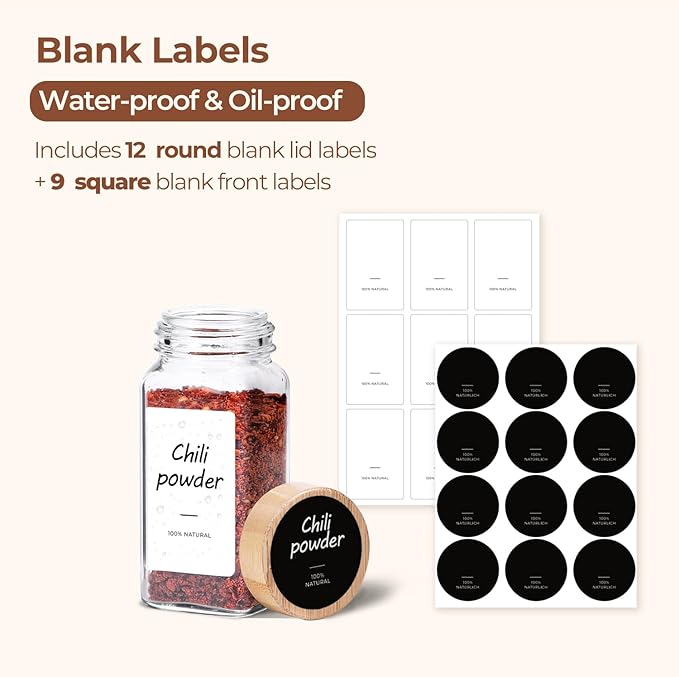 ComSaf 4 oz 6Pcs Glass Spice Jars with Label, Empty Spice Containers with Bamboo Lids, Square Seasoning Containers Trial and Supplement Set, Small Seasoning Bottles for Salt, Herbs, Sugar, Pepper