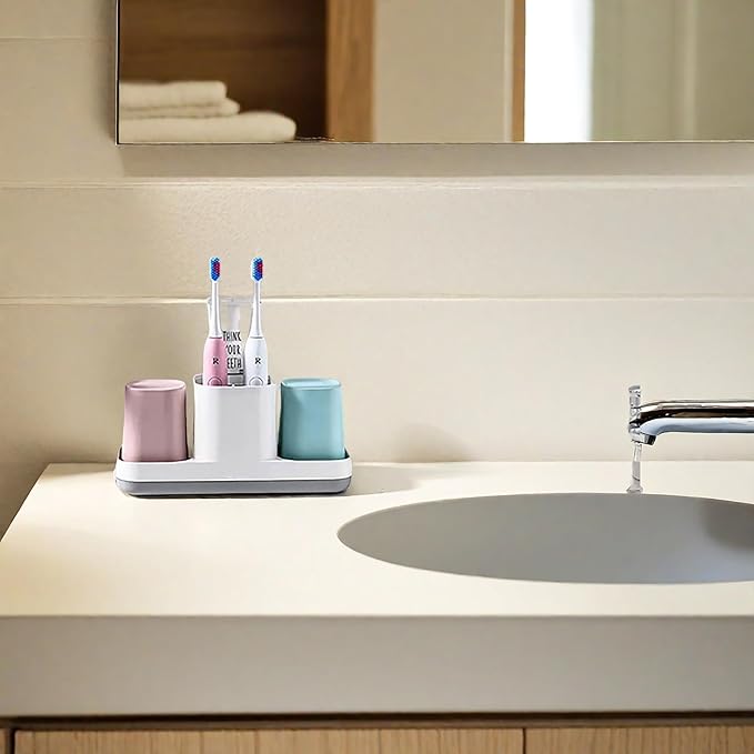 Toothbrush Holder for Bathroom, Kids Toothbrush Holder with Cups, Electric Toothbrush Holder for Bathroom Decor, Kids Bathroom Accessories Set with Toothpaste Holder, Pink & Blue