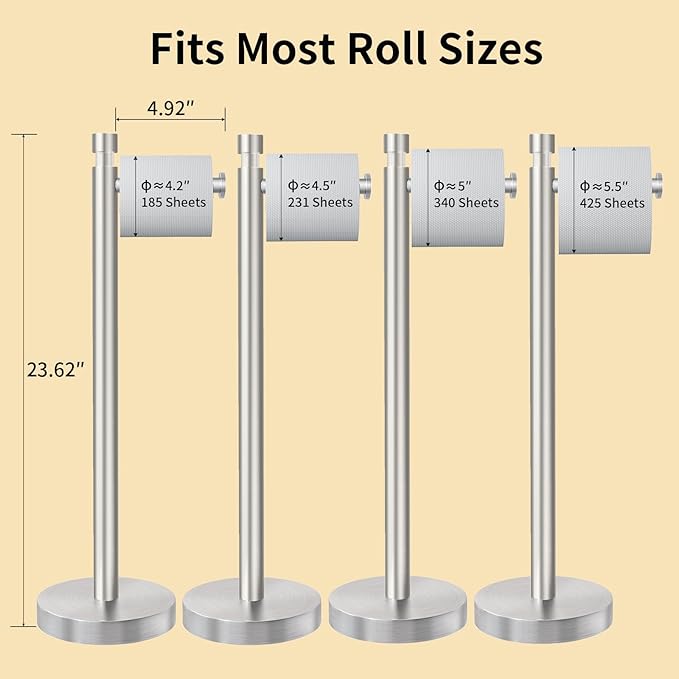 YUMORE Toilet Paper Holder Stand Freestanding, Weighted and Sturdy Brushed Nickel Stainless Steel Design with Non-Slip Cap, Rustproof Tissue Roll Holder for Modern Bathroom, RV
