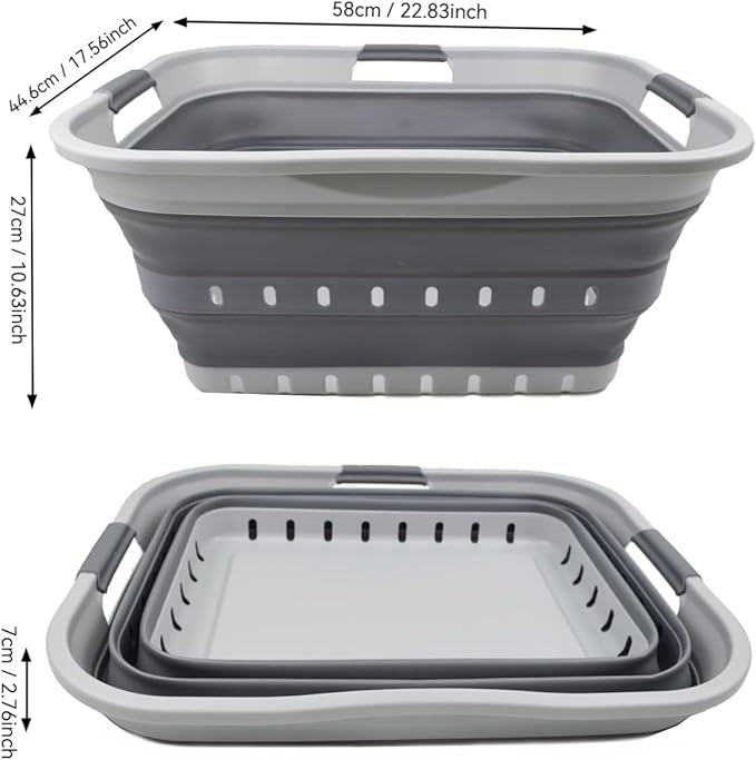 SAMMART 42 (11 Gallons) Collapsible Plastic Laundry Basket, Foldable Pop Up Storage Container/Organizer, Space Saving Hamper, Portable Bin for Dorm Room Bathroom (2, Grey)