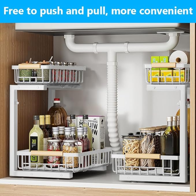 Under Sink Organizers,5 Adjustable Height，Metal Pull Out Under Sink Organizers and Storage Shelves with Sliding Drawer, White 1pack（Hight 13.6″-16.9″）
