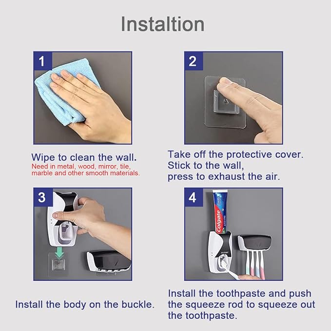 Automatic Toothbrush Dispenser Wall Mount Toothpaste Squeezer and Toothbrush Holder Set for Kids Family Bathroom Use (Black)