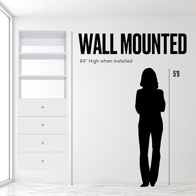 Modular Closet System Tower - With Drawers (4) - Corner Closet Organizer - White, 25.5 Inches Wide