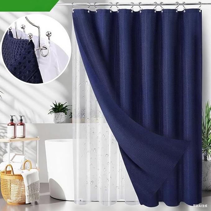Navy Blue Bathroom Set, 23 PCS Bathroom Accessories Set with Shower Curtains, Trash Can, Toothbrush Holder, Soap Dispensers, Toothbrush Cup, Vanity Tray, Soap Dish, Toilet Brush, Qtip Holders