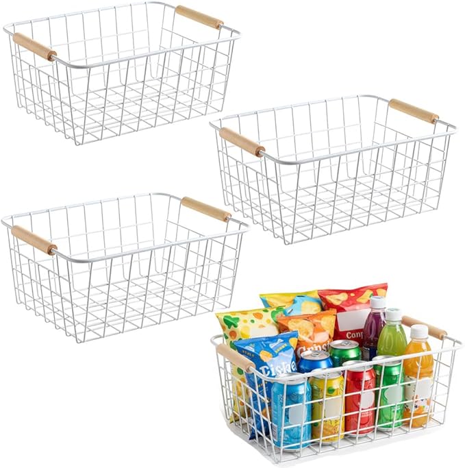 Metal Wire Food Storage Basket Organizer with Wooden Handles for Organizing Kitchen Cabinets 6 Pack (White, Medium)