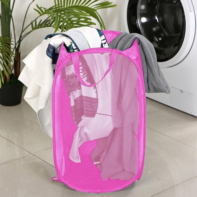 Larpur Popup Laundry Basket, Collapsible Portable Mesh Clothes Washing Laundry Hamper with Reinforced Carry Handles (Pink)
