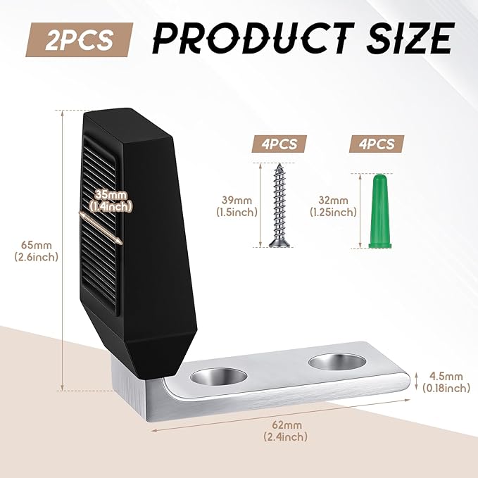 Moxweyeni 2 Pack Floor Door Stop Angle Door Stopper Floor Mounted Heavy Duty Base Fits Doors with up to 2" Gap Comes with Rubber Bumper Stainless Steel Screws Suitable for Wood Concrete Floors(Black)