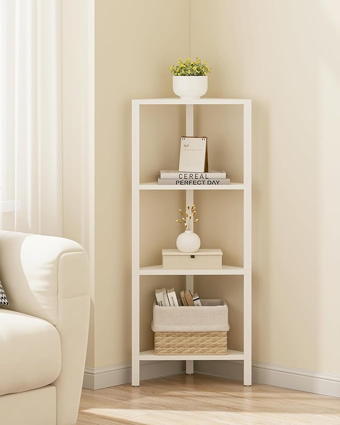 TUTOTAK Corner Shelf, 4-Tier Corner Bookshelf for Small Space, Narrow Display Corner Shelf Stand with Storage Rack, for Living Room, Bedroom, White BS05BW004