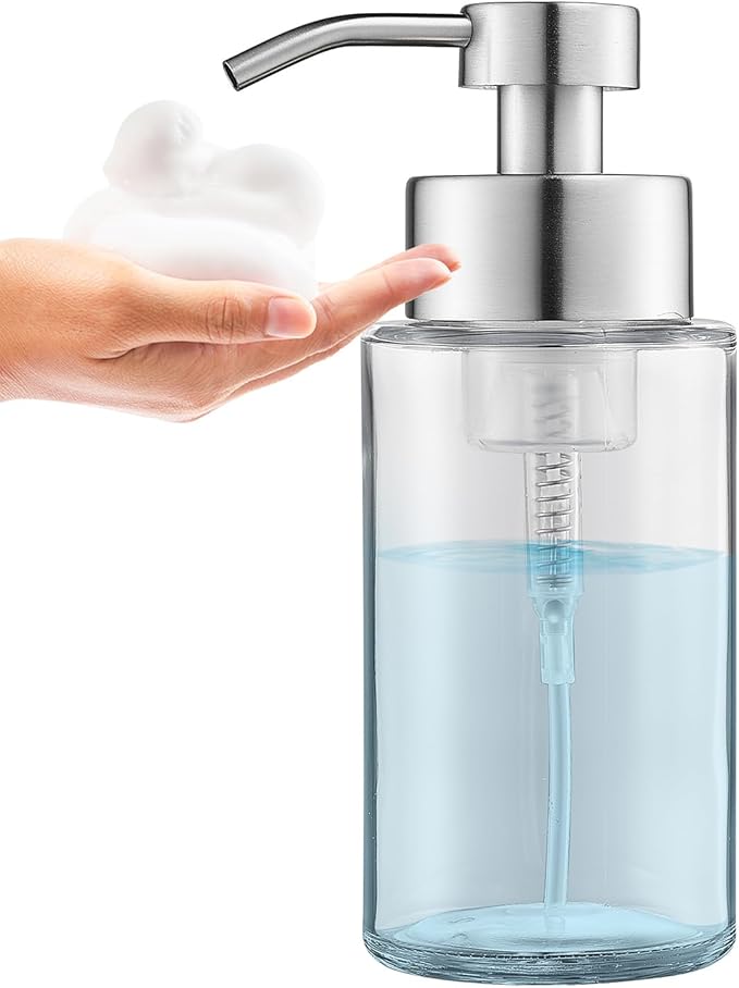 Doiliese Glass Foaming Hand Soap Dispenser, 10 oz Easy Refill Glass Soap Dispenser, Foam Dispenser with Stainless Steel Pump & Waterproof Labels, Clear Foam Soap Bottle for Bathroom Countertop
