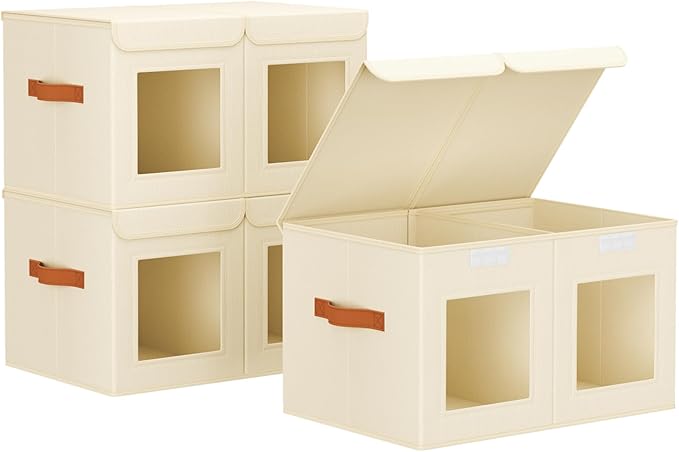 Large Closet Storage Bins - Collapsible Divided Clothes Organizer with Lids & Dual Window, Fabric Organizing Bins for Clothes, Sweater, Bedroom, Office (Beige, 3 Pack)