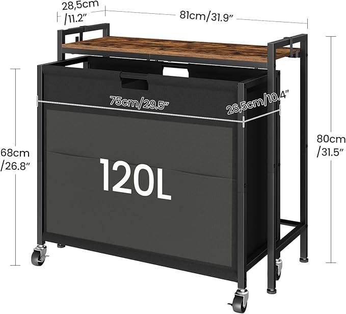 Laundry Sorter, Laundry Hamper with Storage Shelf, Mobile 2-in-1 Basket Organizer, 120 L Rolling Hamper, Large Bags and Movable Wheels, Metal Frame, Rustic Brown and Black TXY01BF