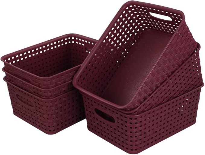 Sandmovie Plastic Weave Storage Baskets for Kitchen Bathroom, Wine Red, 6 Packs, F