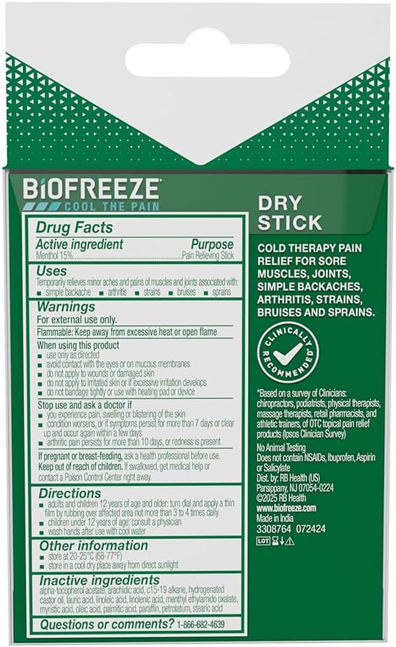 Biofreeze Dry Stick, Mess-Free Relief for Neck, Shoulder, Knee, Hip, Hand & Joint, Cooling Menthol Pain Relief Stick, 100+ Uses (0.76oz (Pack of3))