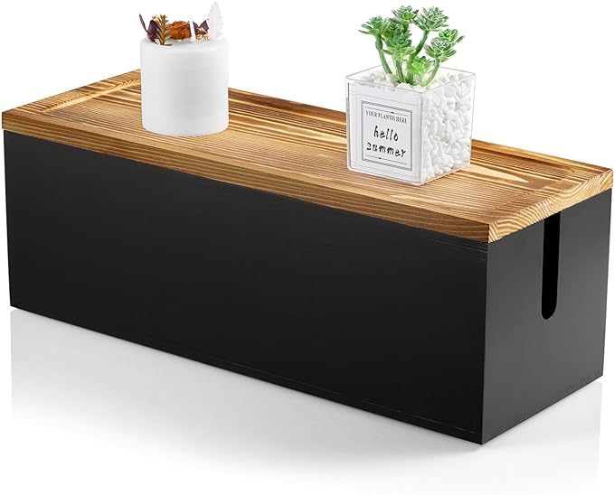 Bivvclaz Large Cable Management Box, Wooden Cord Organizer Box for Desk, Floor, Office to Hide Extension Cords Power Stripes Surge Protectors Chargers Wires, Black