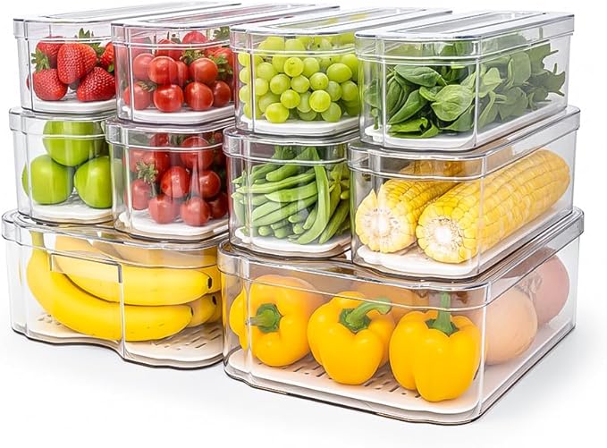 Fridge Organizers and Storage, 10 Pack Clear Freezer Organizer Bins with Lids for Kitchen, Pantry, Refrigerator, Food, Fruit, Vegetable Storage