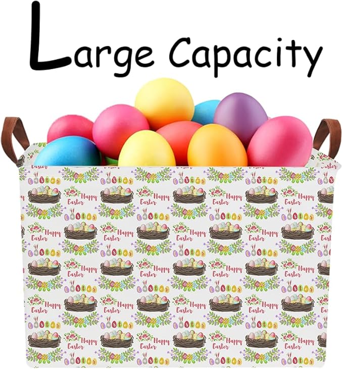 Rectangular Easter Eggs Basket Empty,Toys Storage Bin with Handles,Room Decor,Gift Basket(Garland Easter Egg)