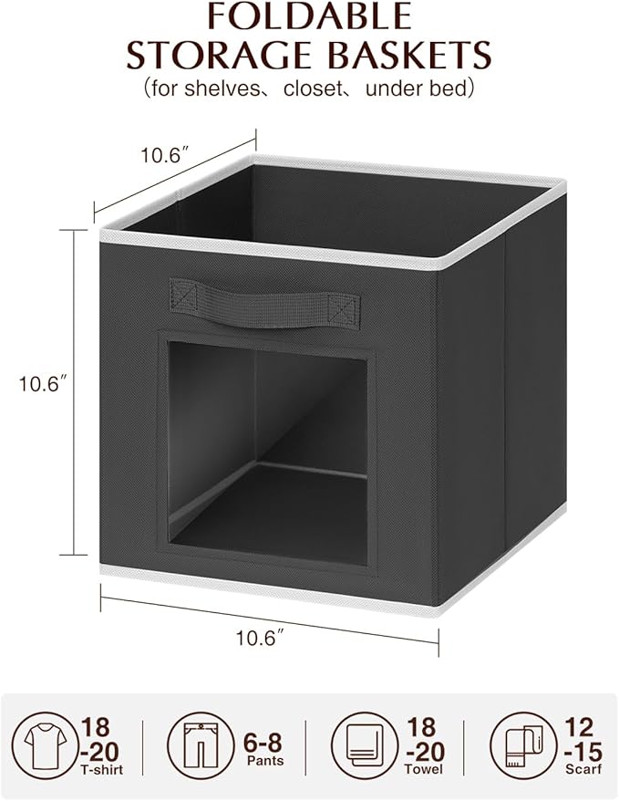 Foldable Storage Cubes - Cube Storage Organizer with Window, Decorative Baskets for Organizing, Fabric Bins for Clothes , 11 inch Black Closet bins, Set of 12, Black