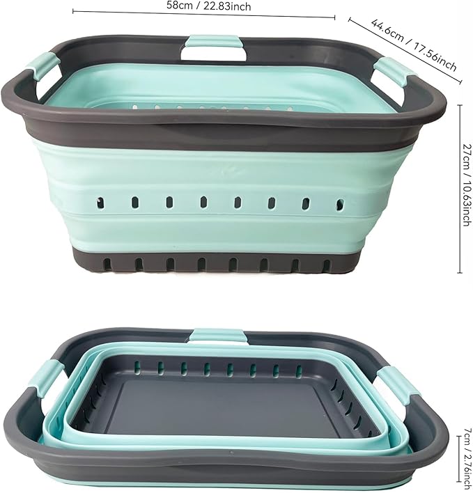 SAMMART 42 (11 Gallons) Collapsible Plastic Laundry Basket, Foldable Pop Up Storage Container/Organizer, Space Saving Hamper, Portable Bin for Dorm Room Bathroom (1, Grey/Lake Green)