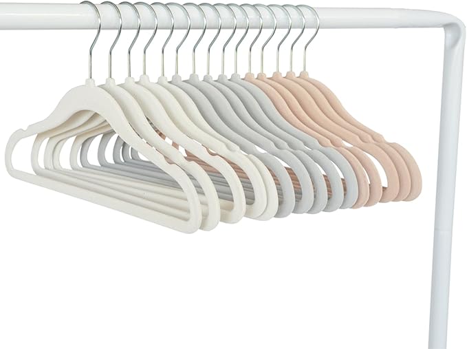 3 Sprouts Velvet Baby Hangers - Non-Slip Hanger for Infant, Toddler, Baby Clothes - Closet Kids Hangers with Slim Design, Nordic Colors, Pack of 30 - Assorted Cream, Grey, Hazelnut