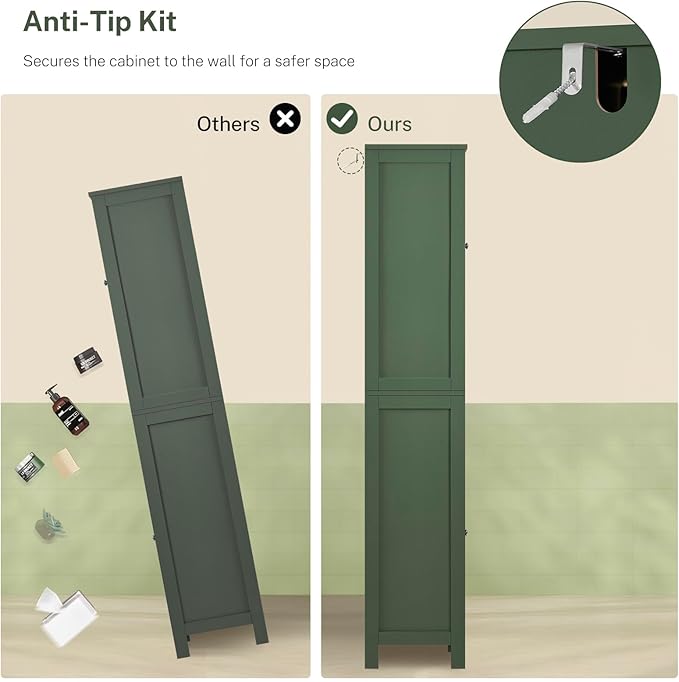 TEENFON 67" Tall Bathroom Cabinet with Adjustable Shelves and Doors, Narrow Bathroom Storage Cabinet for Small Space, Living Room, Entryway, Kitchen, Green