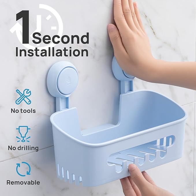 LEVERLOC Shower Caddy Suction Cup, Shower Organizer Removable Bathroom Shelf, Storage Suction Powerful Max Hold 22lbs Bathroom Caddy Waterproof Holder, Blue
