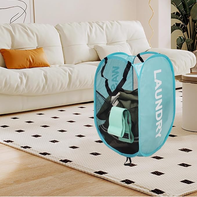 Mesh Laundry Hamper 2Pack Pop Up Hamper with Strong Handles, Collapsible Laundry Basket for Home, Bathroom, Bedroom, Travel Storage Hamper(Grey + Sky Blue)