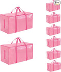 8 Pack-Extra Large Heavy Duty Moving Bags - Waterproof Storage Totes with Handles & Zippers, Foldable for College Dorm, Storage (Pink)