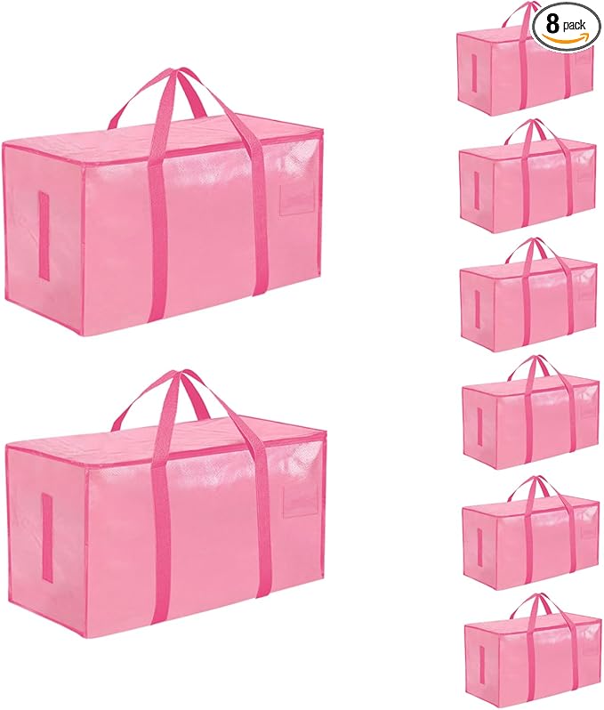 8 Pack-Extra Large Heavy Duty Moving Bags - Waterproof Storage Totes with Handles & Zippers, Foldable for College Dorm, Storage (Pink)