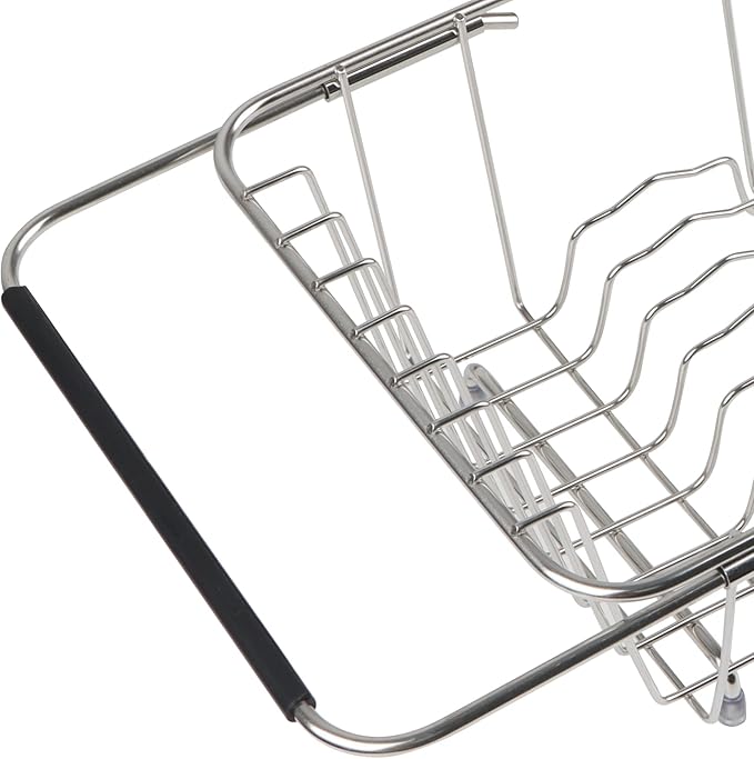 Sink Dish Drainer Rack, Expandable 304 Stainless Steel Dish Drying Rack Organizer with Stainless Steel Utensil Rack, Adjustable 14.96" to 20.59" Inside The Sink (up to 7 Upright Utensils).