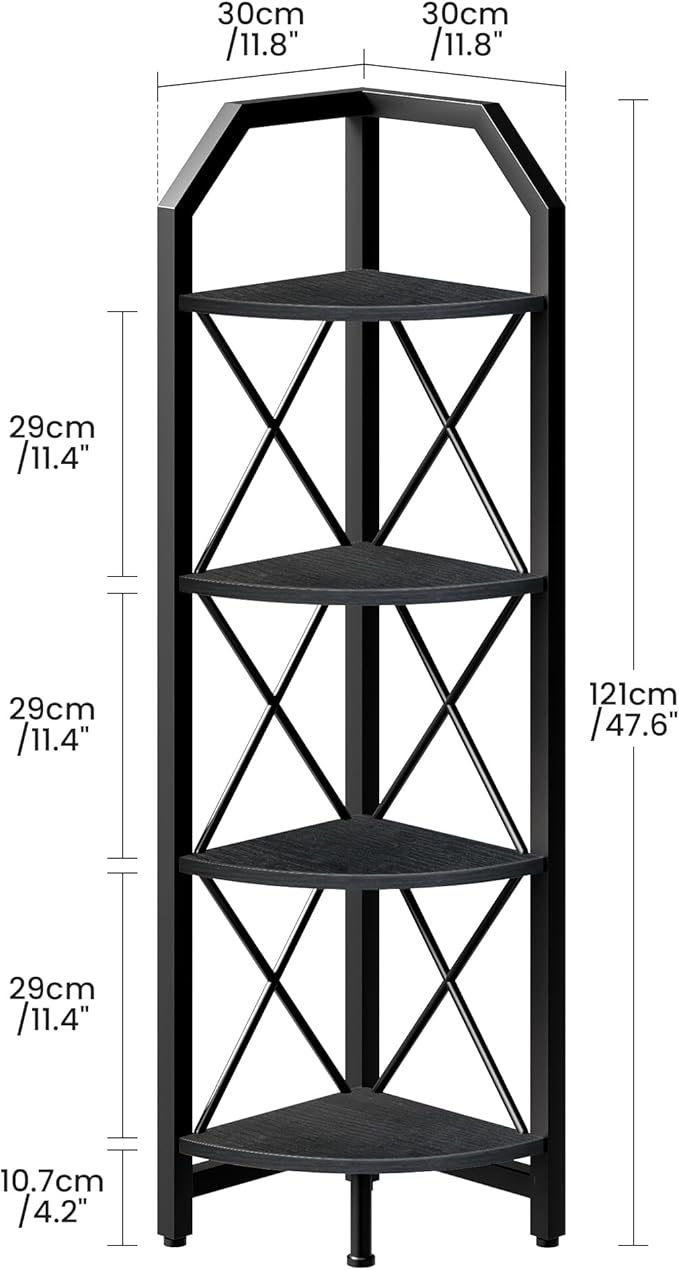 4-Tier Corner Shelf, Industrial Corner Bookshelf, 47.6" Corner Storage Stand, Plant Stand Display Shelf, Corner Bookcase for Bedroom, Living Room, Home Office, Black TCJ09BB