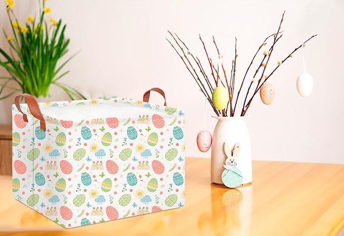 CLOCOR Easter Eggs Basket Empty,Rectangular Easter Gift Basket for Boys and Girls,Kids Toys Storage Bin,Baby Room Decor(Tiny Flowers Easter Basket)