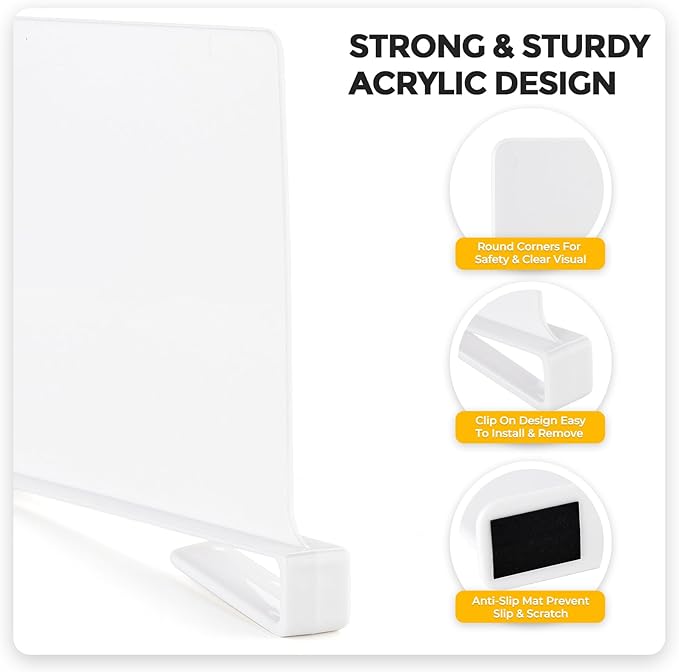 JOY DECOR 12 Pack Acrylic White Shelf Dividers for Closets Organizer and Storage Adjustable Vertical Wood Shelf Closet Separators for Clothes,Book,Bags in Bedroom and Kitchen
