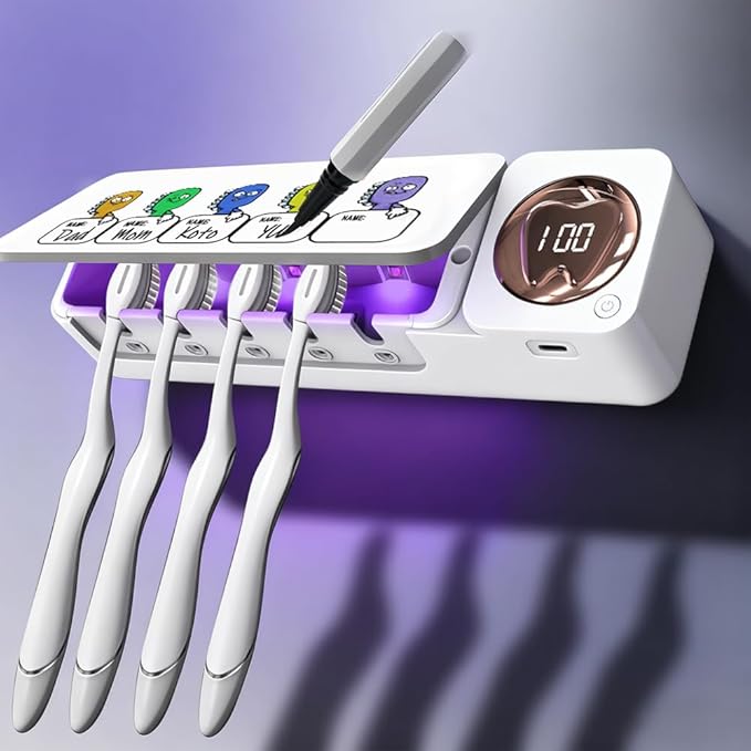 Bathroom Toothbrush Holder, Labelable with User Name, Multi-Slot Toothbrush Cleaner, Rechargeable Toothbrush Holder, Wall Mounted, for Bathroom, No Drilling Required, 5 Slots