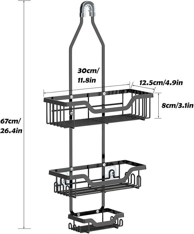 Shower Caddy Hanging, Rustproof Shower Organizer with Soap Basket and 12 Hooks, Large Capacity Anti-Swing Bathroom Organizer, Black