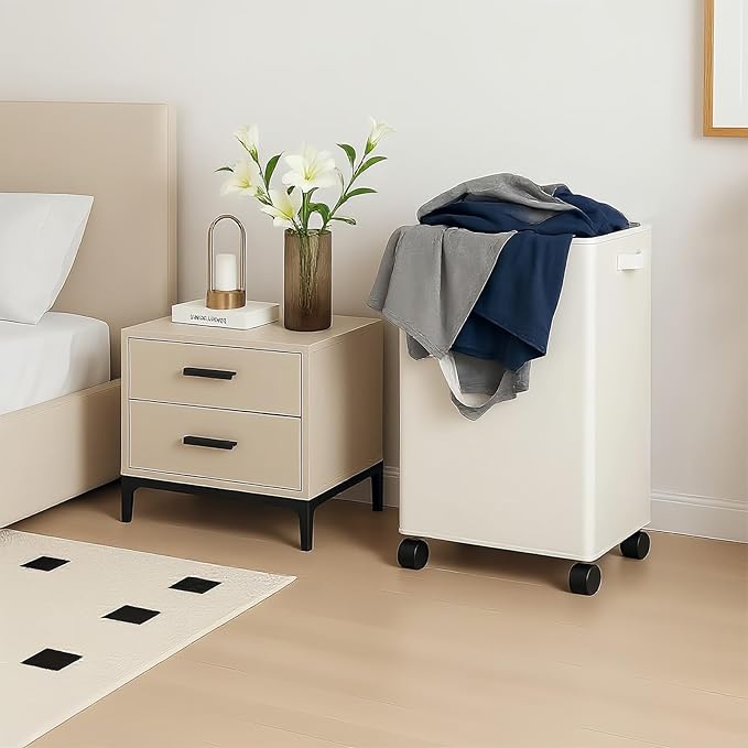 85L Laundry Hamper with Wheels, Lid, Handles & Collapsible, Slim Tall Rolling Laundry Basket for Small Spaces, Foldable Dirty Clothes Organizer for Bedroom, Dorm, Laundry Room, Bathroom,Beige
