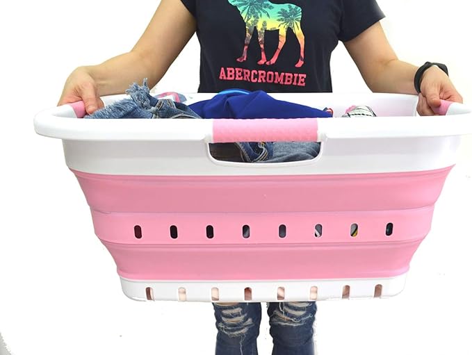 SAMMART 41L Collapsible 3 Handled Plastic Laundry Basket - Foldable Pop Up Storage Container/Organizer - Portable Basket - Space Saving Hamper/Basket (3 handled rectangular, White/Pink)