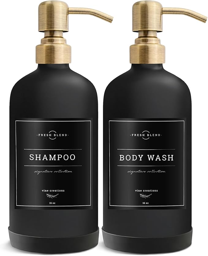 Vine Creations Black Glass Soap Dispenser, 2 Pack Kitchen Soap Dispenser Set with Stainless Steel Pump, 16 oz Dish Soap and Hand Soap Dispensers for Bathroom with Waterproof Labels