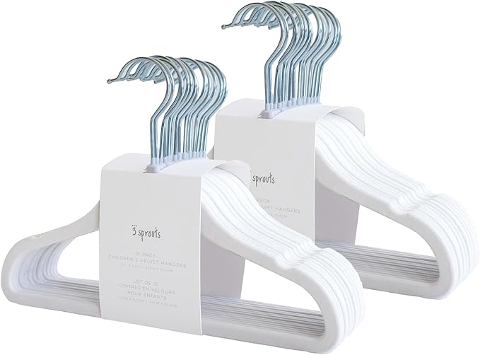 3 Sprouts Velvet Baby Hangers - Non-Slip Hanger for Infant, Toddler, Baby Clothes - Closet Kids Hangers with Slim Design, Nordic Colors, Pack of 30 - White
