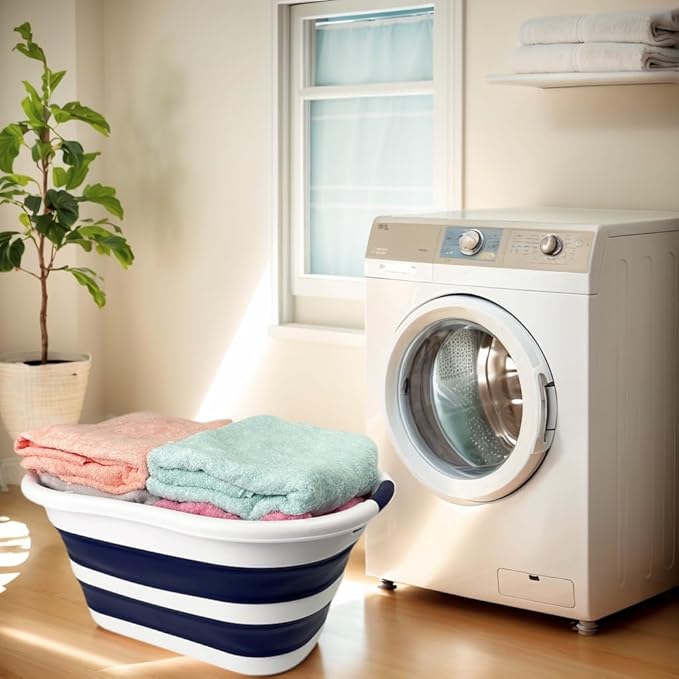 SAMMART 40L (10.5 gallon) Set of 2 Collapsible Plastic Laundry Hamper - Foldable Pop Up Storage Container/Organizer - Portable Washing Tub - Space Saving Basket (2, White/Starry Blue)