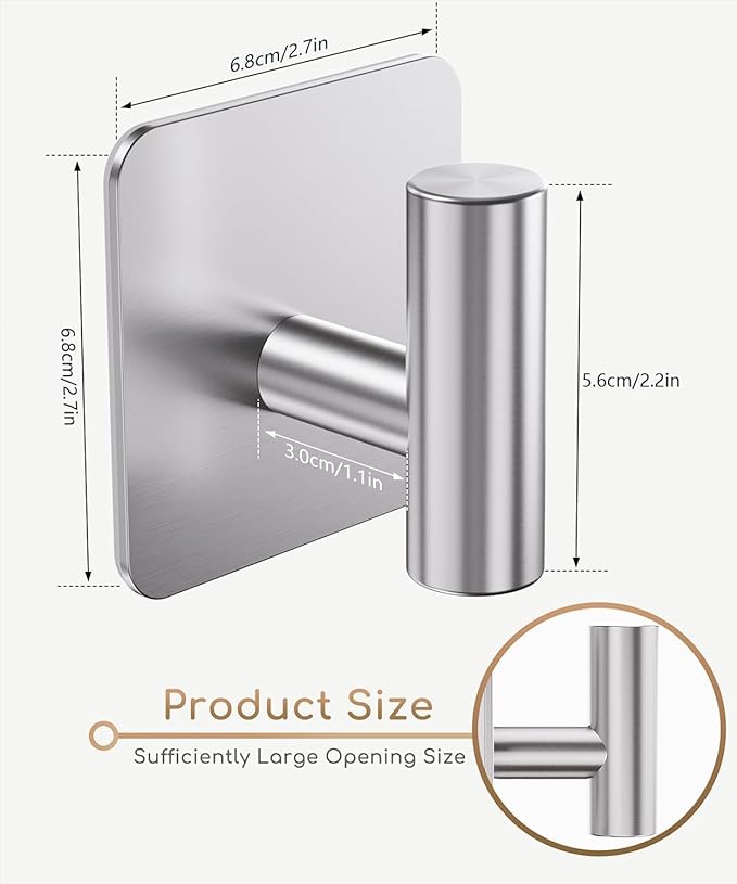 4 Pack Large Heavy Duty Wall Hooks - 26lb Max, Stainless Steel Adhesive Towel Hook, Shower Hooks for Hanging Towel, Coat, Robe, Wall Hook for Use in Bathroom, Kitchen and Door