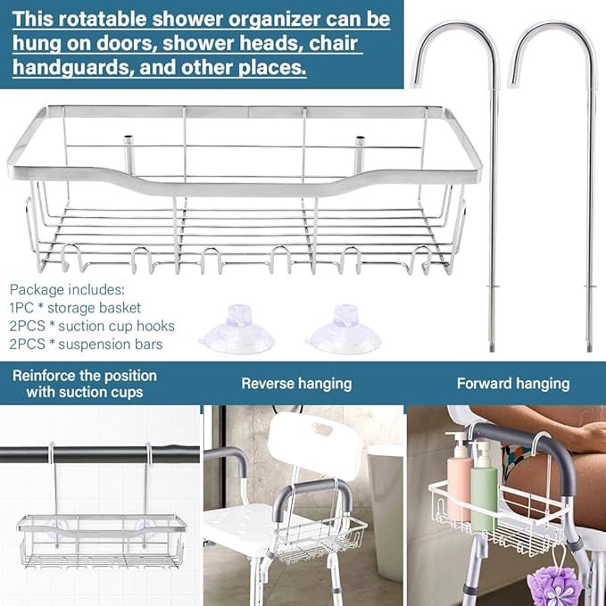 Shower Caddy Hanging, Stainless Steel Showers Organizer Rack with Hooks and Suction Cup for Elderly Seniors Disabled Handicap