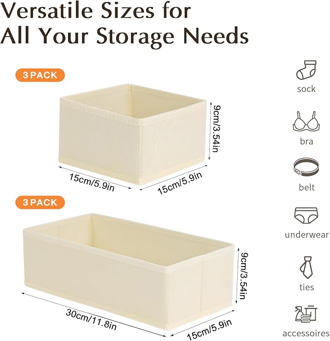 DIMJ Drawer Organizers Clothes, Set of 6 Dresser Organizer Bins, Fabric Closet Organizers and Storage, Shallow Drawer Dividers for Nursery, Clothing, Baby Clothes, Socks, Underwears, Tie (Beige)