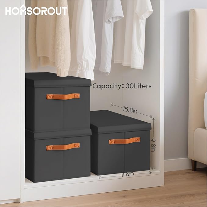 Storage Bins with Lids - Large Fabric Closet Bins with Lid, 6 Pack Clothes Organizers and Storage, Collapsible Stackable Cube Basket for Home, Office, Dorm, Black