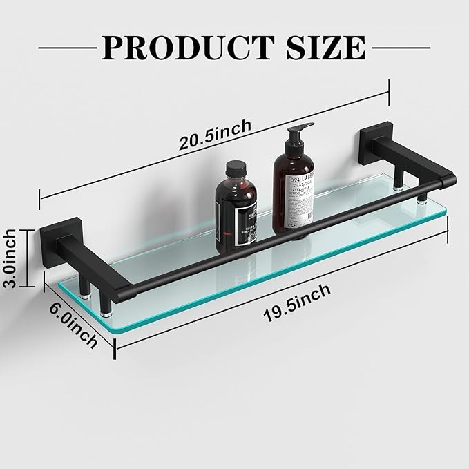 SFGSOWOR Bathroom Glass Shelf 20IN Rectangular Stainless Steel Tempered Glass Shelves Modern Stainless Steel Wall Mount Bathroom Shelf (Matte Black, 20‘’)